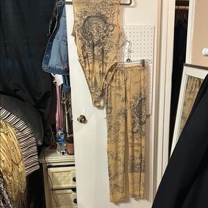 Beige and Black Graphic Bodysuit and Pants Set